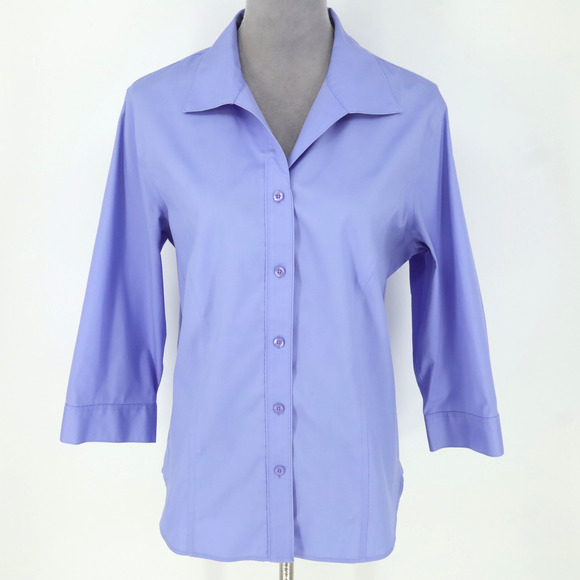 Chicos Top 2 Womens Large 12 Blue Cotton Blouse No Iron Button Up Office Career - Picture 13 of 13